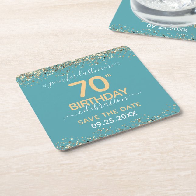 Gold Glitter 70th Birthday Save the Date Square Paper Coaster (Angled)