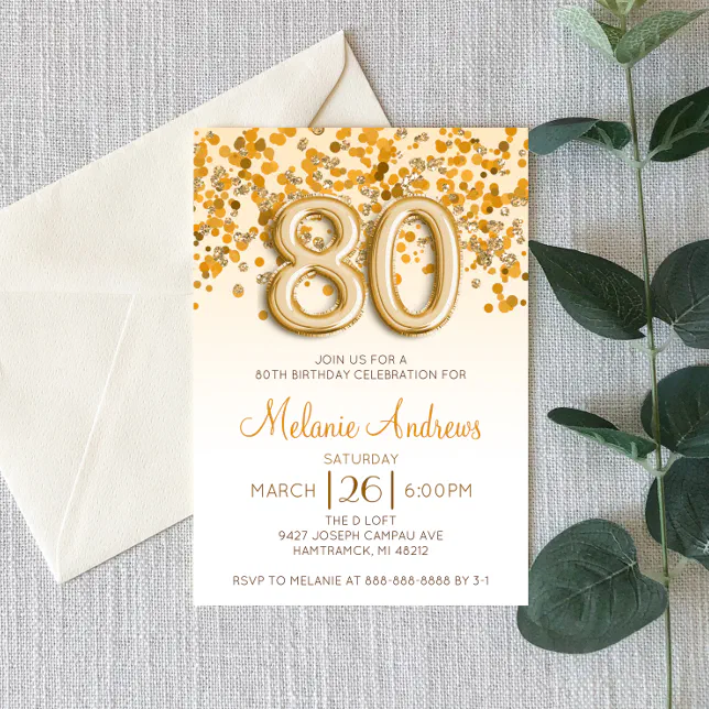 Gold Glitter 80th Birthday Party Invitation | Zazzle