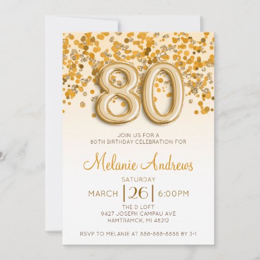 Gold Glitter 80th Birthday Party Invitation | Zazzle