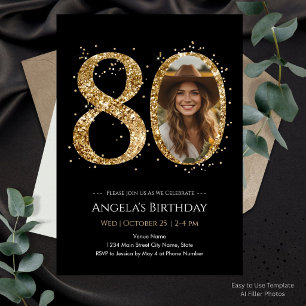 Gold Glitter 80th Birthday Photo Invitation