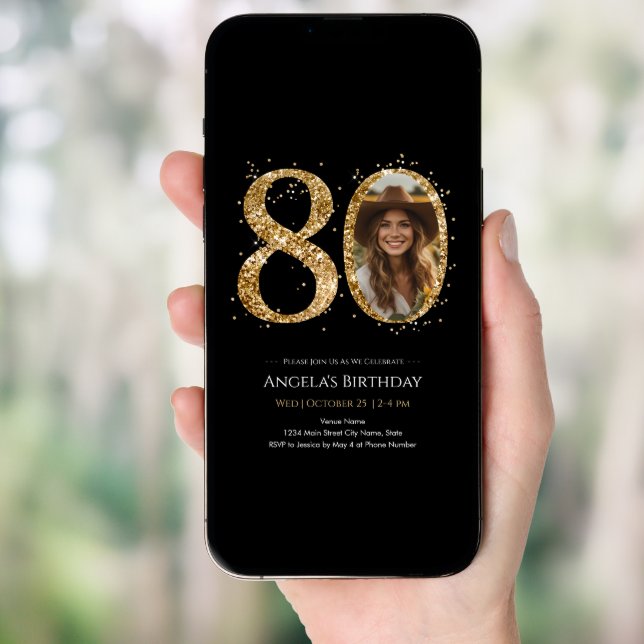 Gold Glitter 80th Birthday Photo Invitation (Front Digital)