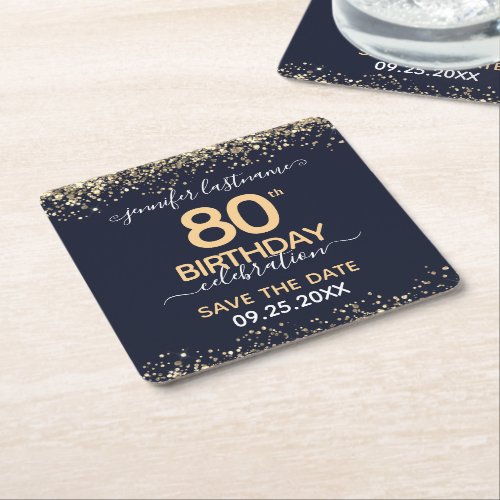 Gold Glitter 80th Birthday Save the Date Square Paper Coaster