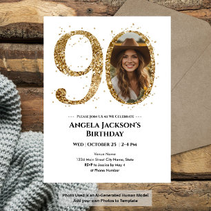 Gold Glitter 90th Adult Birthday Photo Vellum Invitations