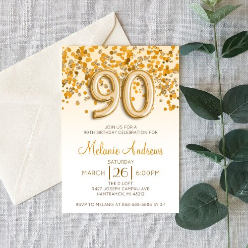 Gold Glitter 90th Birthday Party Invitation