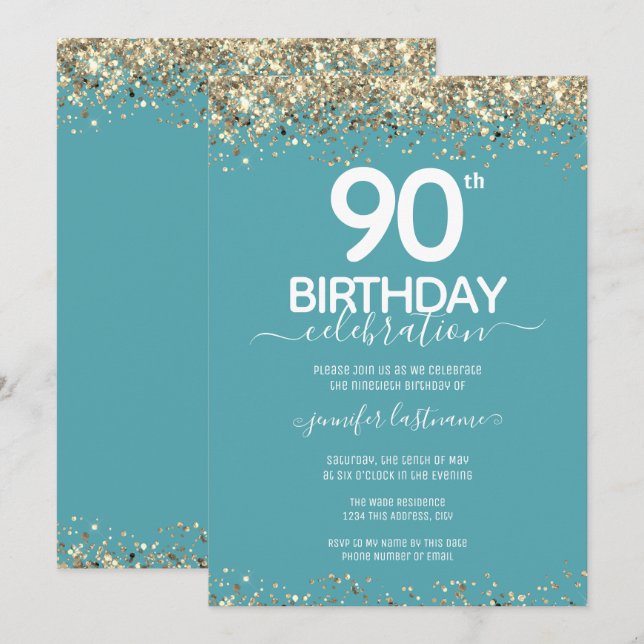 Gold Glitter 90th Birthday Party Invitation (Front/Back)