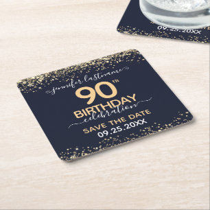 Gold Glitter 90th Birthday Save the Date Square Paper Coaster