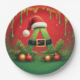 Gold Glitter A For Family Christmas Paper Plates