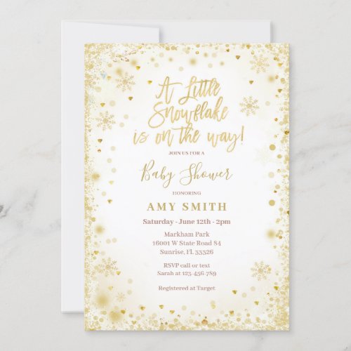 Gold Glitter A little snowflake is on the way Invitation