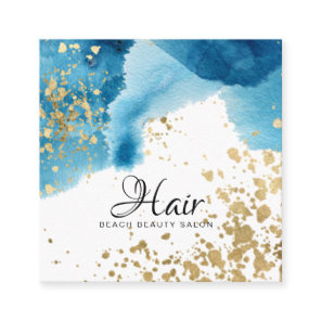 *~*  Gold Glitter Abstract Beach Blue Watercolor Square Business Card