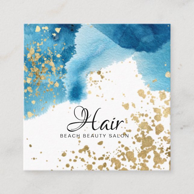 *~*  Gold Glitter Abstract Beach Blue Watercolor Square Business Card (Front)
