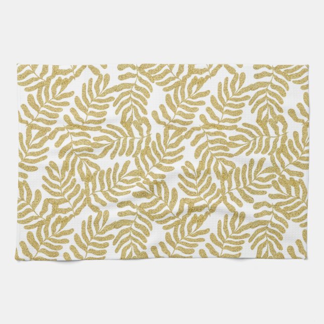 Gold glitter abstract leaves pattern kitchen towel (Horizontal)