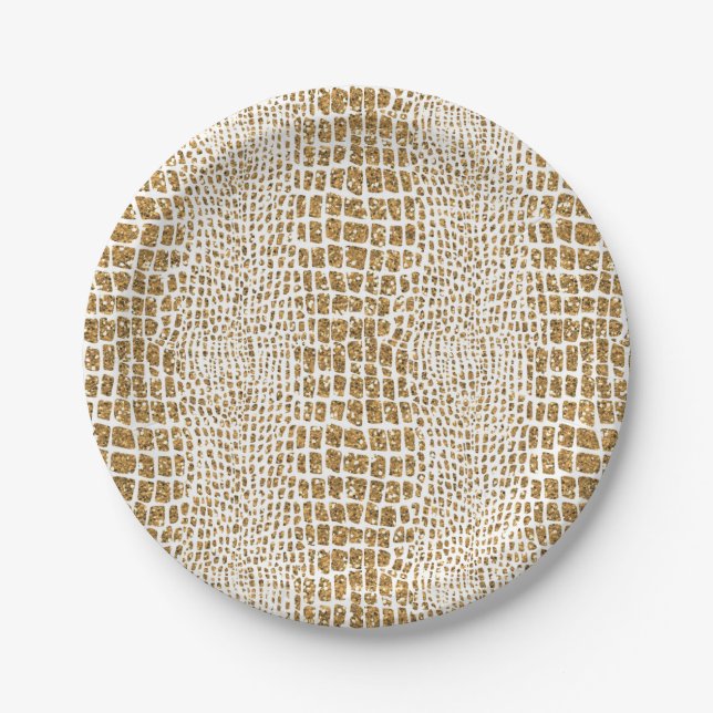 Gold Glitter Alligator Print Paper Plates (Front)