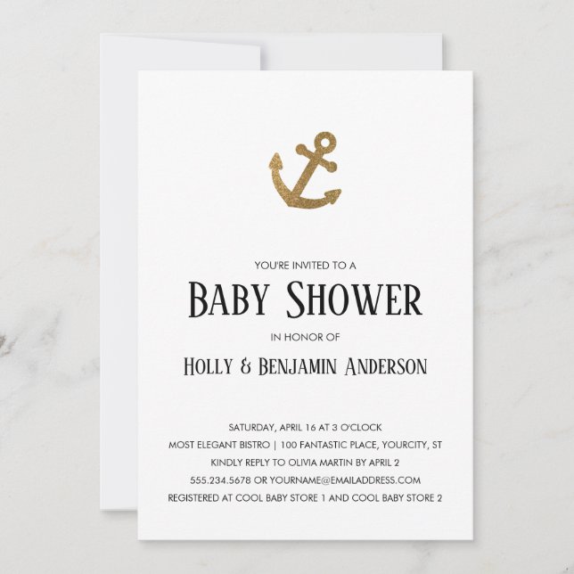 Gold Glitter Anchor Simple Couples Baby Shower Invitation (Front)