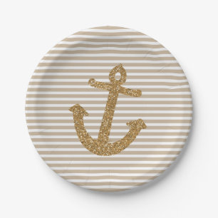 Gold Glitter Anchor Stripes Paper Plates