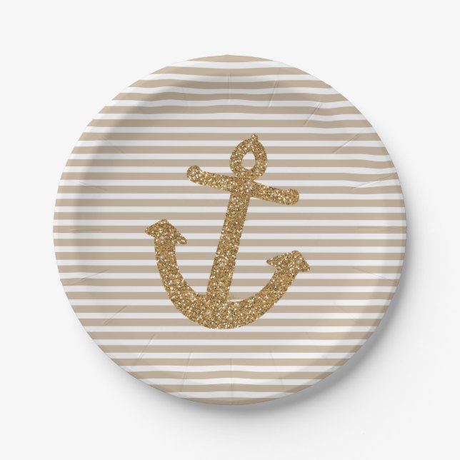 Gold Glitter Anchor Stripes Paper Plates (Front)