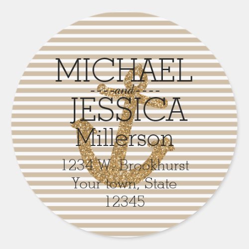 Gold Glitter Anchor Stripes Personalized address Classic Round Sticker