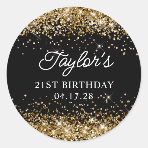 Gold Glitter and Black 21st Birthday Classic Round Sticker