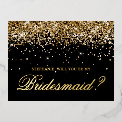 Gold Glitter and Black Bridesmaid Proposal Foil Holiday Postcard