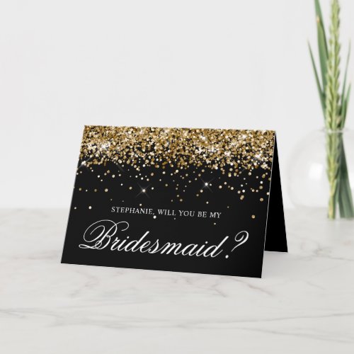 Gold Glitter and Black Bridesmaid Proposal Invitation