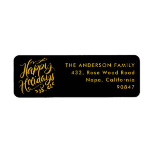 Gold Glitter and Black Calligraphic Happy Holidays Label