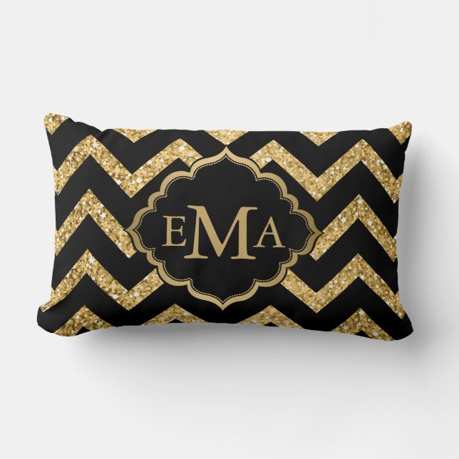 Gold Glitter And Black Chevron Lumbar Pillow (Front)