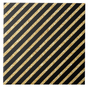 Gold Glitter and Black Diagonal Stripes Pattern Ceramic Tile