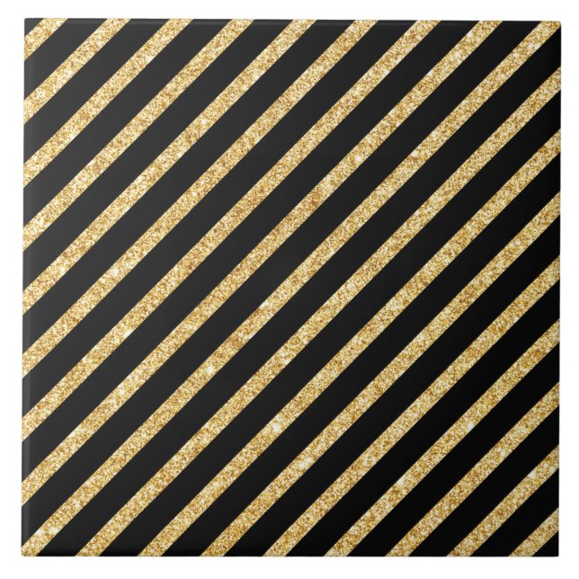 Gold Glitter and Black Diagonal Stripes Pattern Ceramic Tile (Front)
