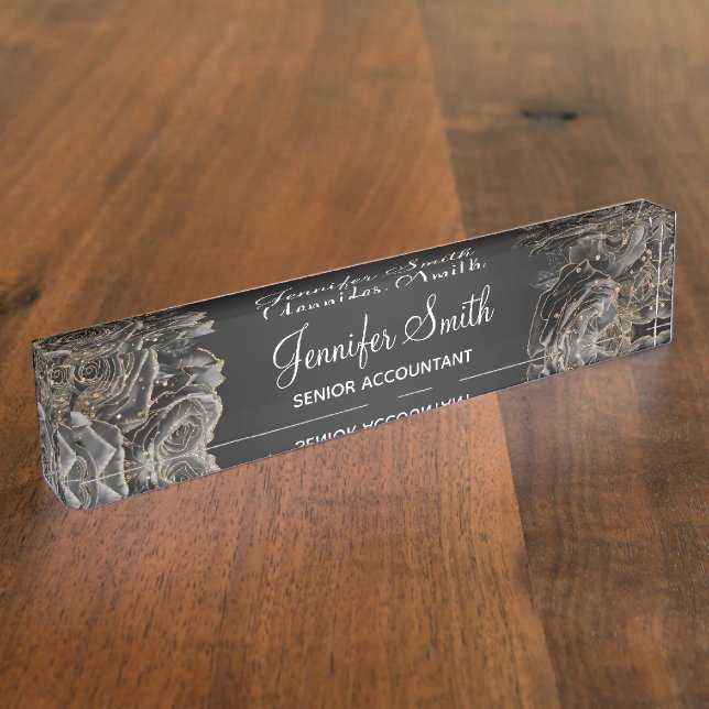 Gold Glitter and Black Glam Roses Desk Name Plate (Side)