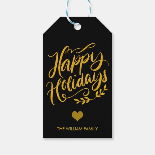 Gold Glitter and Black Happy Holidays Custom Gift Tags