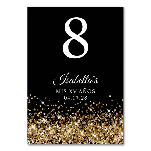 Gold Glitter and Black Mis XV Anos Table Number (Front)