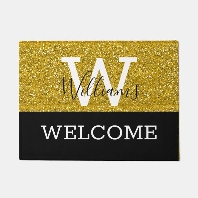 Gold Glitter And Black Monogram Name Wedding Doormat (Front)