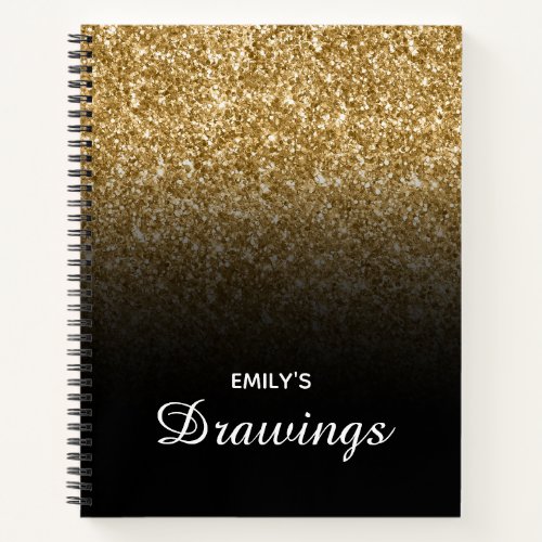 Gold Glitter and Black Ombre Personalized Drawing Notebook