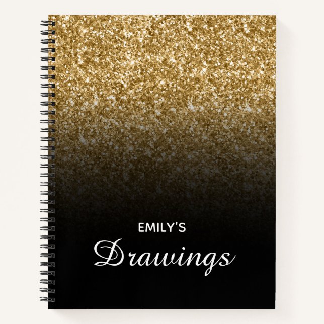 Gold Glitter and Black Ombre Personalized Drawing Notebook (Front)