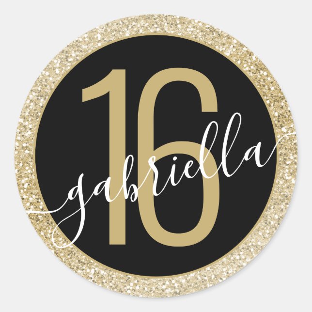 Gold Glitter and Black Personalized Birthday Classic Round Sticker (Front)