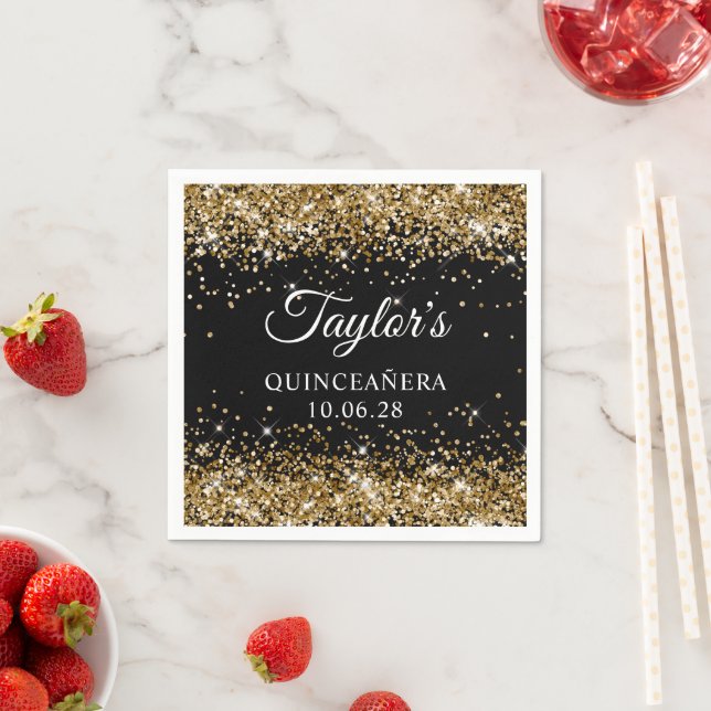 Gold Glitter and Black Personalized Quinceañera Napkins (Insitu)