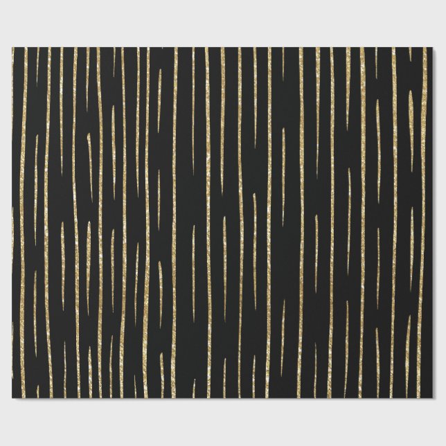 Gold glitter and black stripes birthday  wrapping paper (Flat)