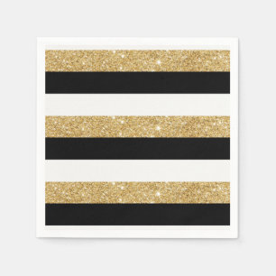 Gold Glitter and Black Stripes Napkins