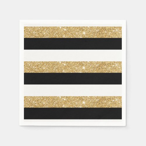 Gold Glitter and Black Stripes Napkins