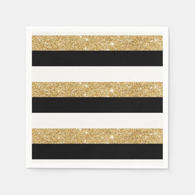 Gold Glitter and Black Stripes Napkins (Front)