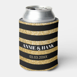 Gold Glitter And Black Stripes- Save The Date Can Cooler