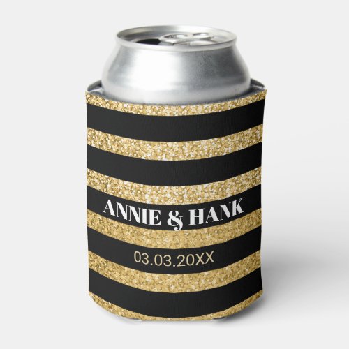 Gold Glitter And Black Stripes_ Save The Date Can Cooler