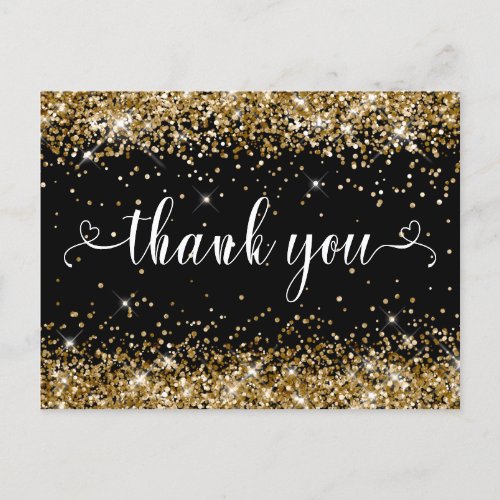 Gold Glitter and Black Sweet 16 Hearts Thank You Postcard