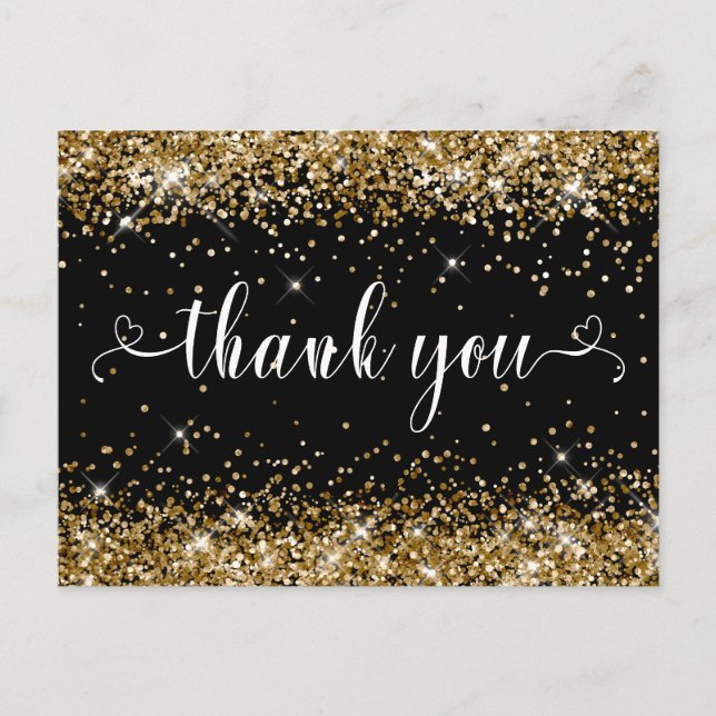 Gold Glitter and Black Sweet 16 Hearts Thank You Postcard (Front)