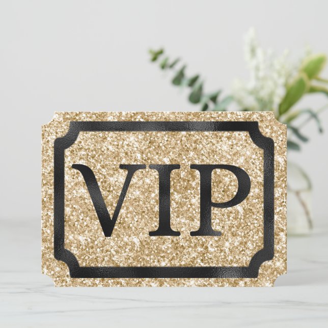 Gold Glitter and Black VIP Event Ticket Invitation (Standing Front)