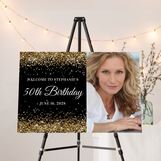 Gold Glitter and Black Welcome 50th Birthday Foam Board (In Situ (Stand))