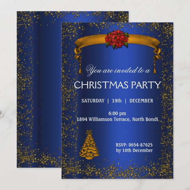 Gold Glitter and Blue Christmas Invitation (Front/Back)