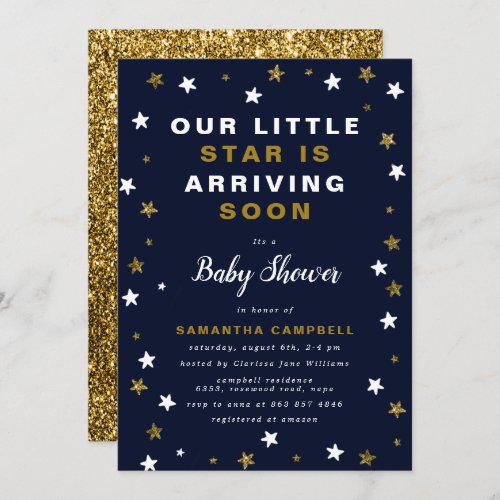 Gold Glitter and Blue Little Star Baby Shower Invitation