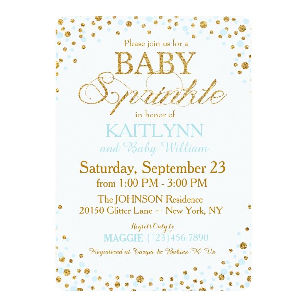Gold Glitter And Blue Sprinkle Baby Shower Invitation