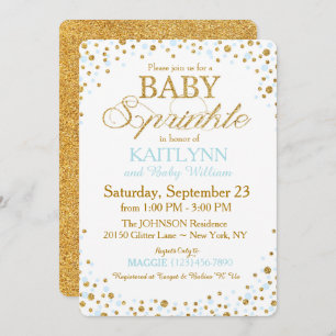 Gold Glitter and Blue Sprinkle Baby Shower Invitation