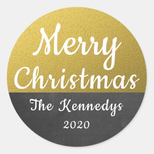 Gold Glitter And Chalkboard Merry Christmas Classic Round Sticker